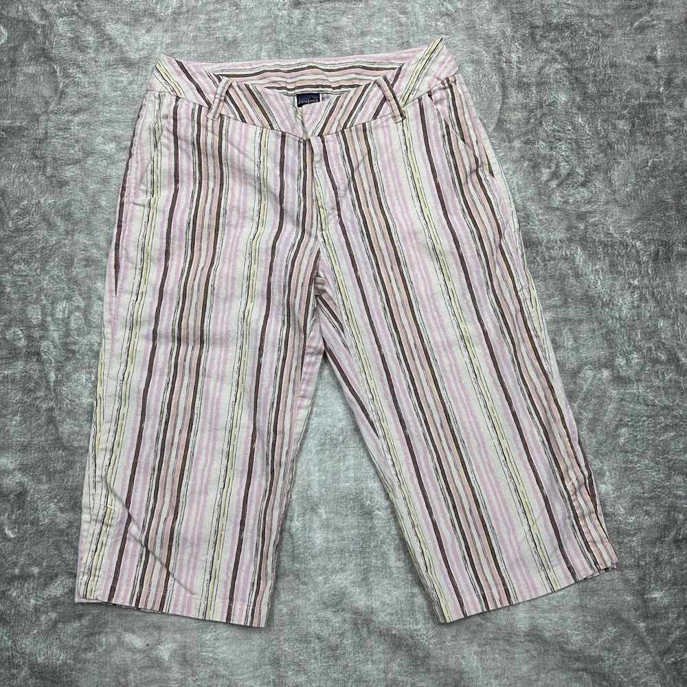 Patagonia Shorts Womens 8 Pink Brown Striped Hemp Organic Cotton Cropped Capri
